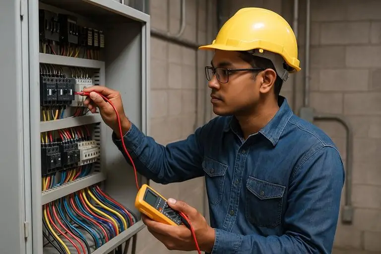 indian-electrical-technician-testing-control-panel